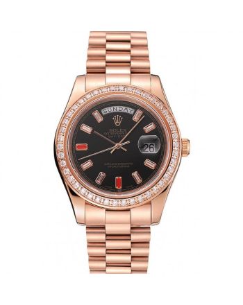 Swiss Rolex Day-Date Diamonds And Rubies Black Dial Rose Gold Bracelet 1454102